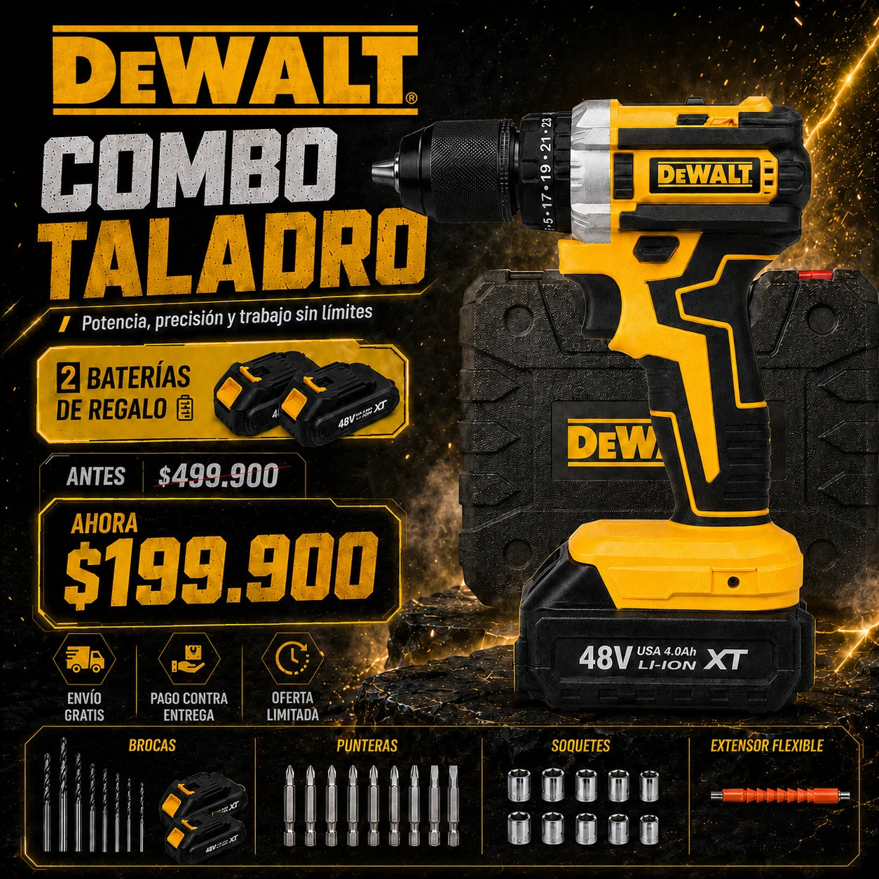 Combo Taladro Inalámbrico DeWalt + 2 Baterías y Accesorios de Regalo